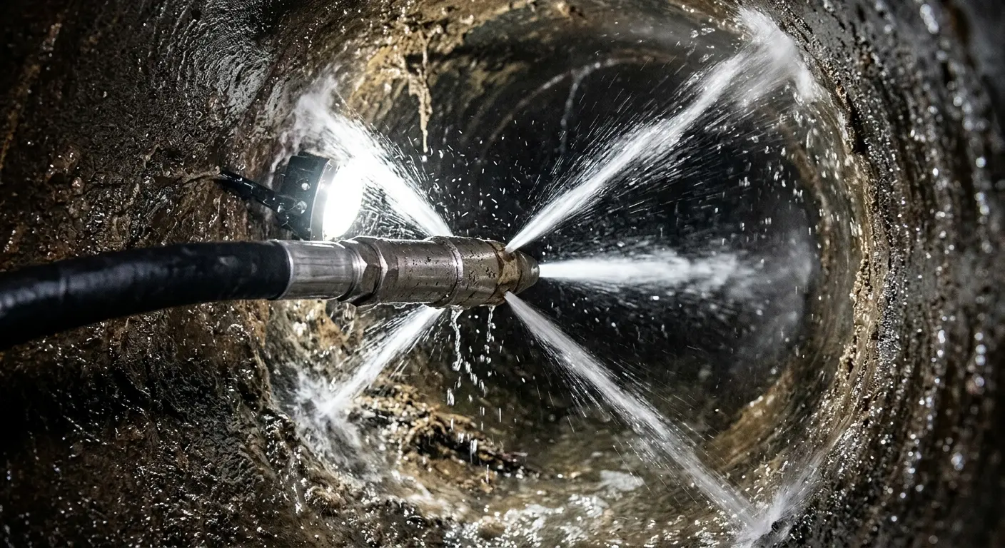 High-pressure hydro jetting nozzle cleaning sewer pipe for Emergency Drain Service in Peachtree City