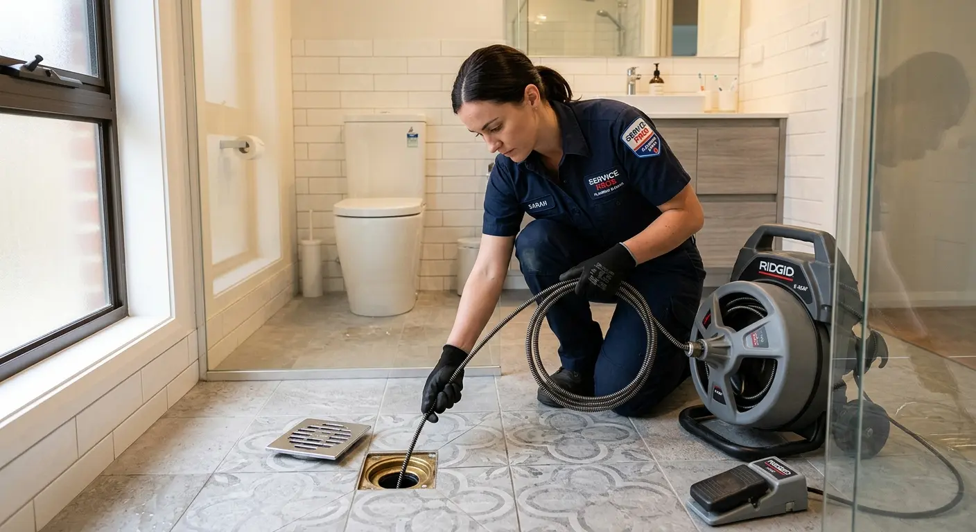 Technician clearing a bathroom floor drain for Drain Cleaning in Peachtree City